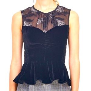 REBECCA TAYLOR Black Stretch Velvet Peplum Top Silk Silver Metallic Floral M 6